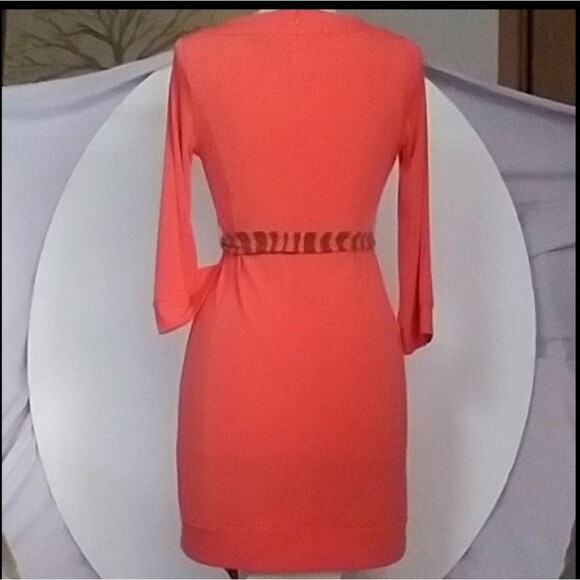 Attention Deep Coral 70s  80s 90s Style Body Con Dress Tiger Stripe Sash size XS - Picture 2 of 12